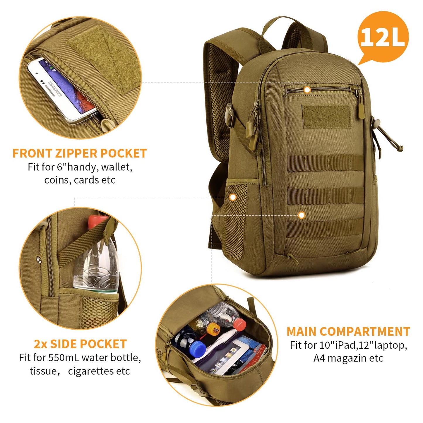 12L Molle Small Daypack Backpack for Outdoor Sports