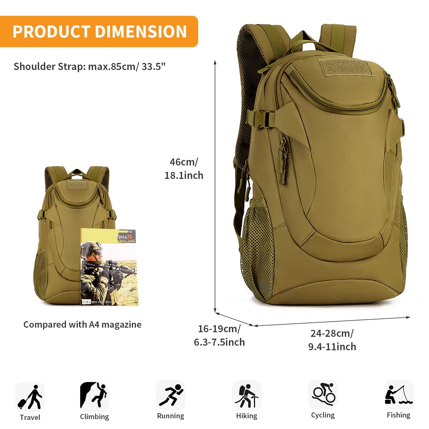 25L Tactical Rucksack, MOLLE School Bag, Waterproof Outdoor Sports Daypack
