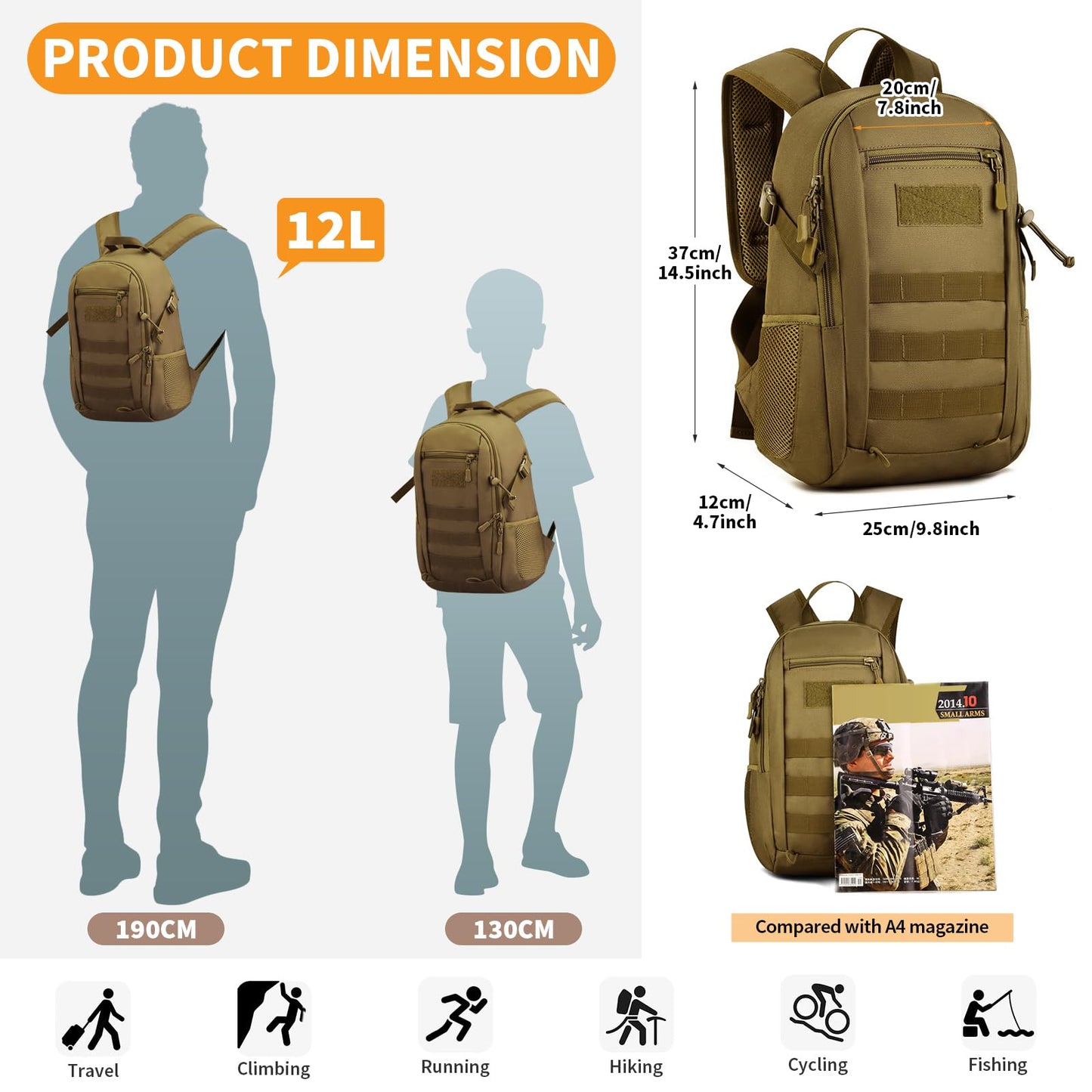 12L Molle Small Daypack Backpack for Outdoor Sports