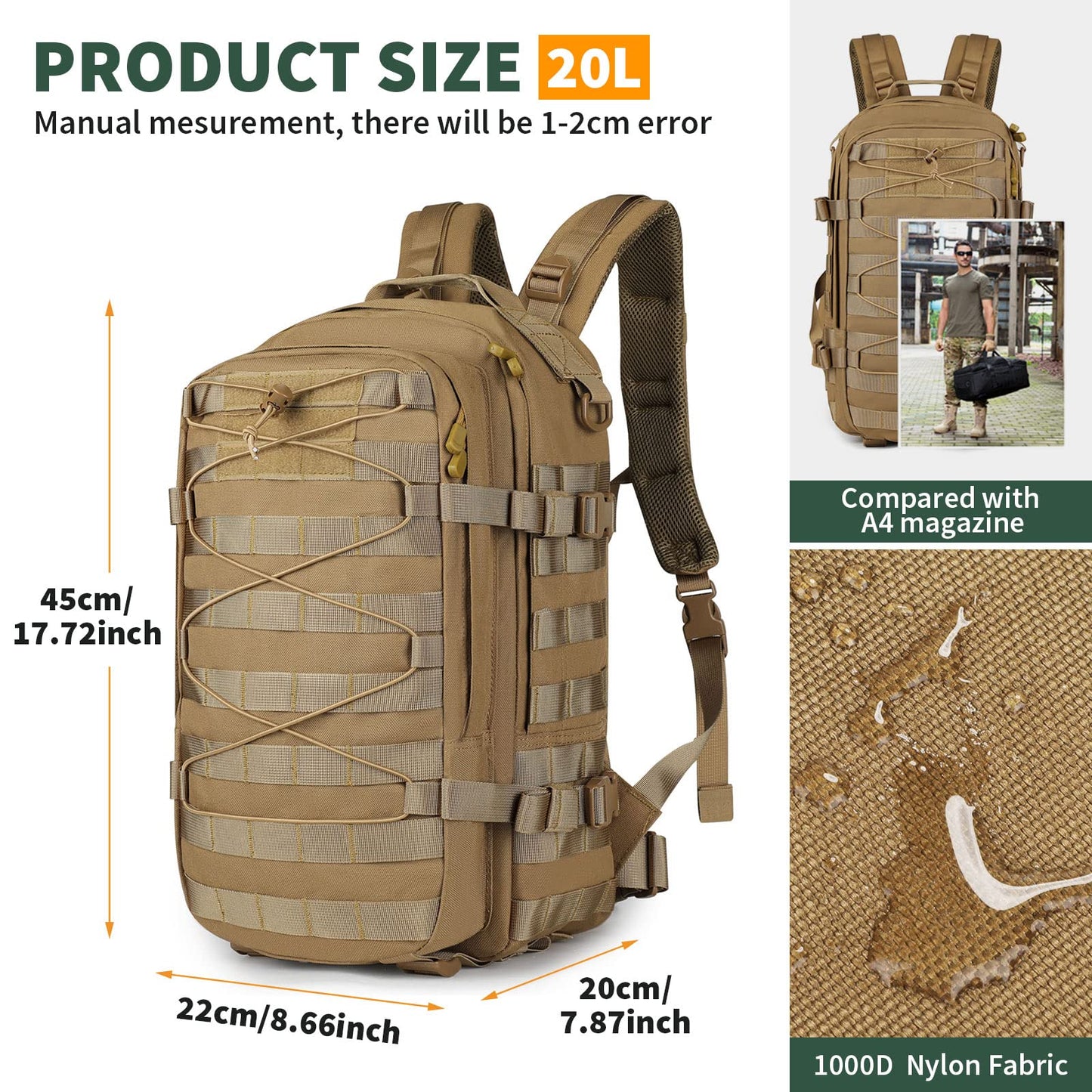 20L Outdoor Tactical Assault Pack – Water Repellent MOLLE Small Travel Backpack