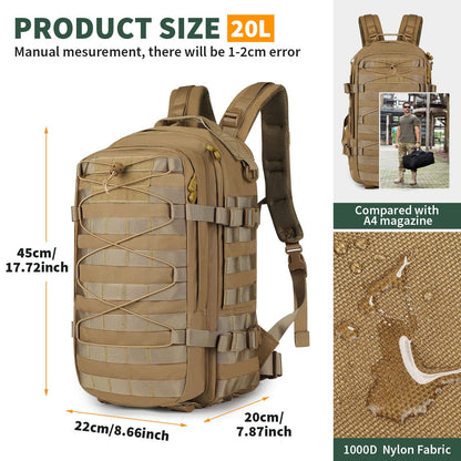 20L Outdoor Tactical Assault Pack – Water Repellent MOLLE Small Travel Backpack