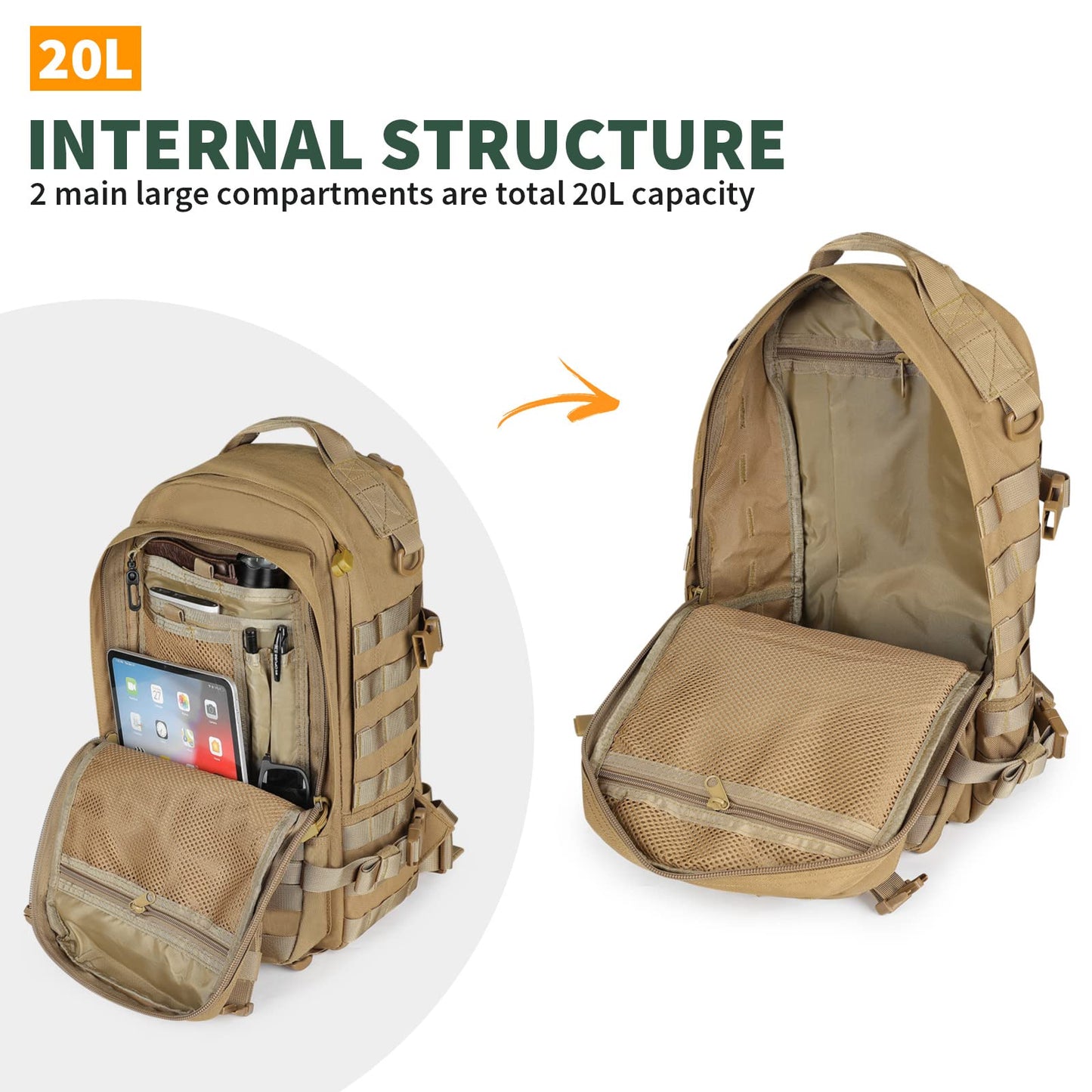 20L Outdoor Tactical Assault Pack – Water Repellent MOLLE Small Travel Backpack