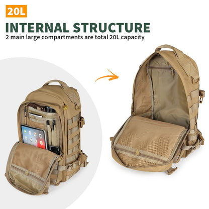 20L Outdoor Tactical Assault Pack – Water Repellent MOLLE Small Travel Backpack