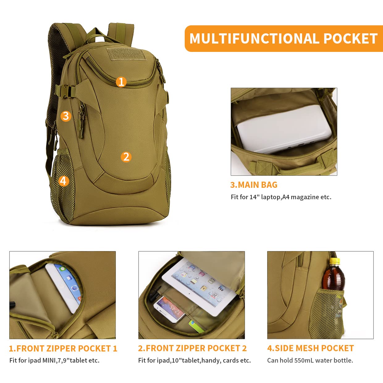 25L Tactical Rucksack, MOLLE School Bag, Waterproof Outdoor Sports Daypack