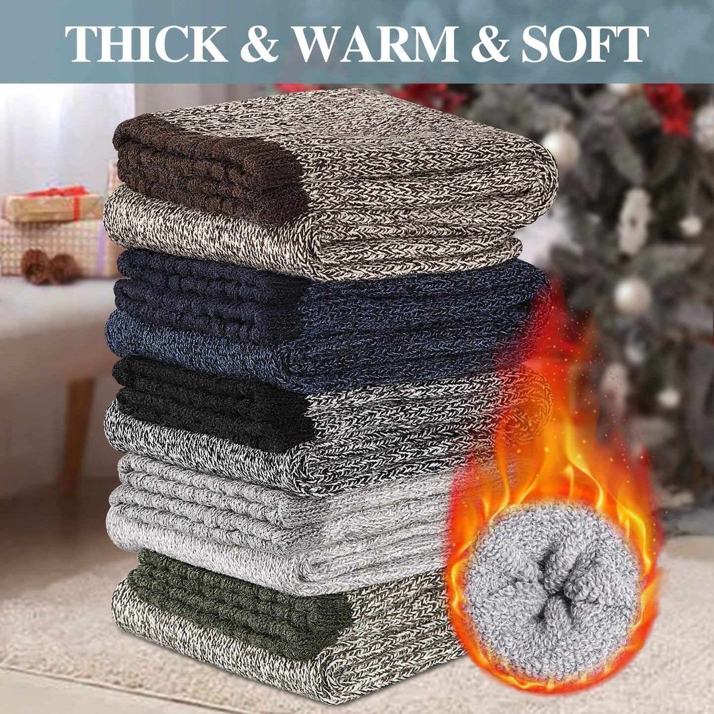 5 Pairs Men’s Merino Wool Thermal Socks – Warm Winter Outdoor Wool Socks