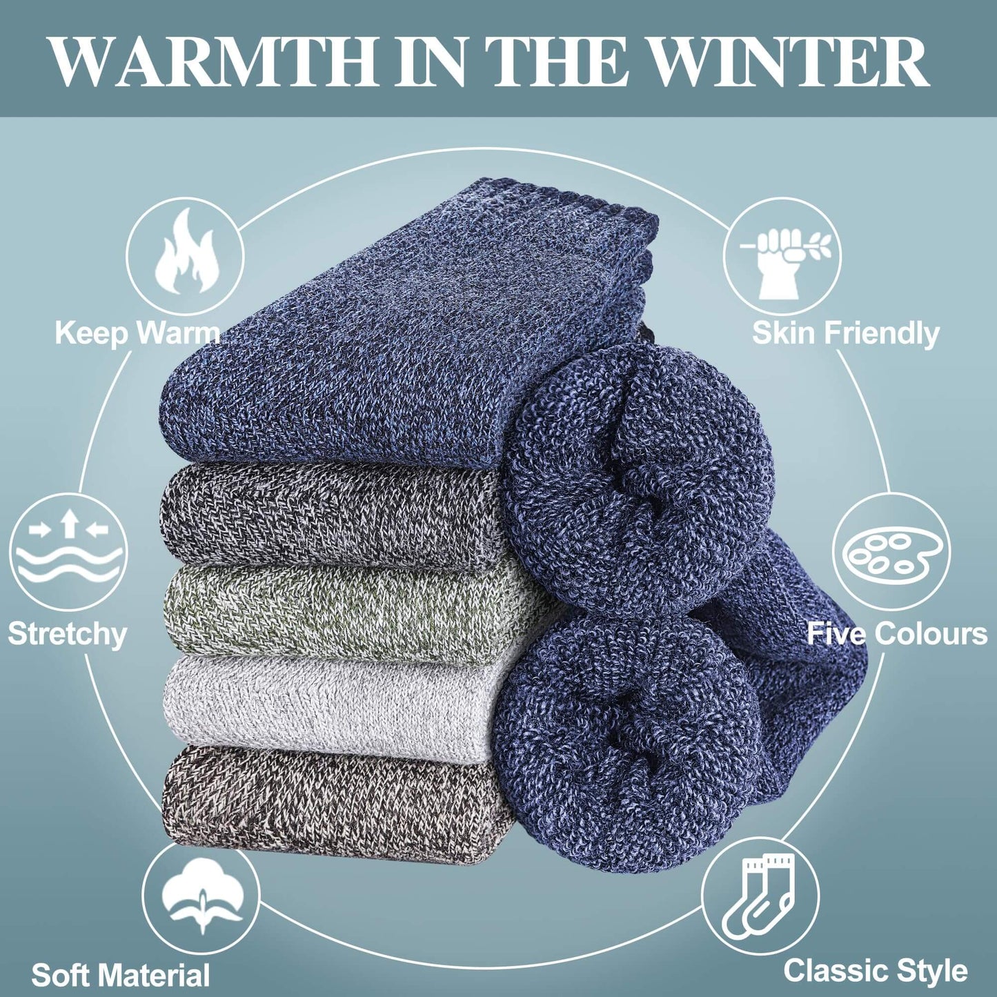 5 Pairs Men’s Merino Wool Thermal Socks – Warm Winter Outdoor Wool Socks
