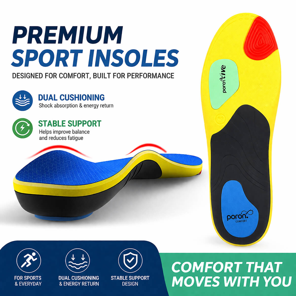 Ergonomic Arch Support Insoles with PORON Cushioning