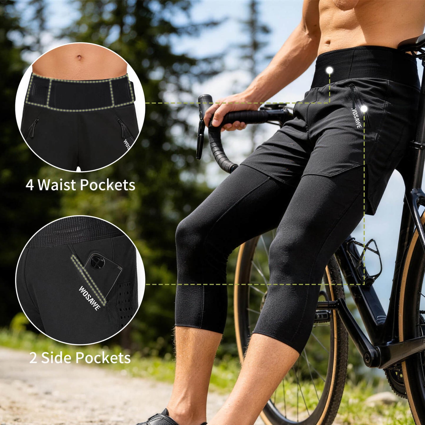 Men’s 2-in-1 Cycling Capri Pants with Padding, Multi-Pocket MTB Shorts