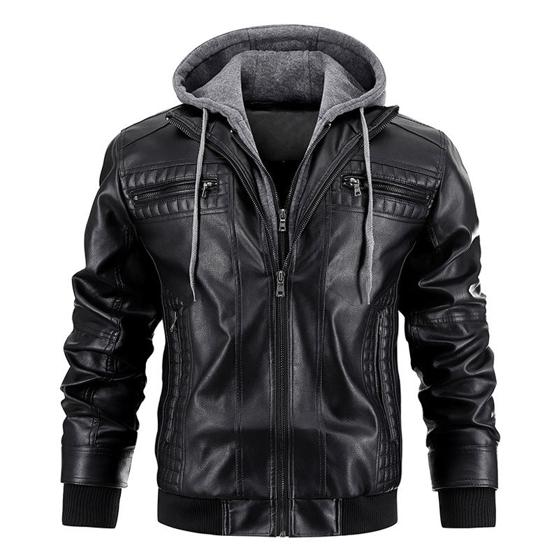 Men's Leather Jacket Warm Coat with Hood