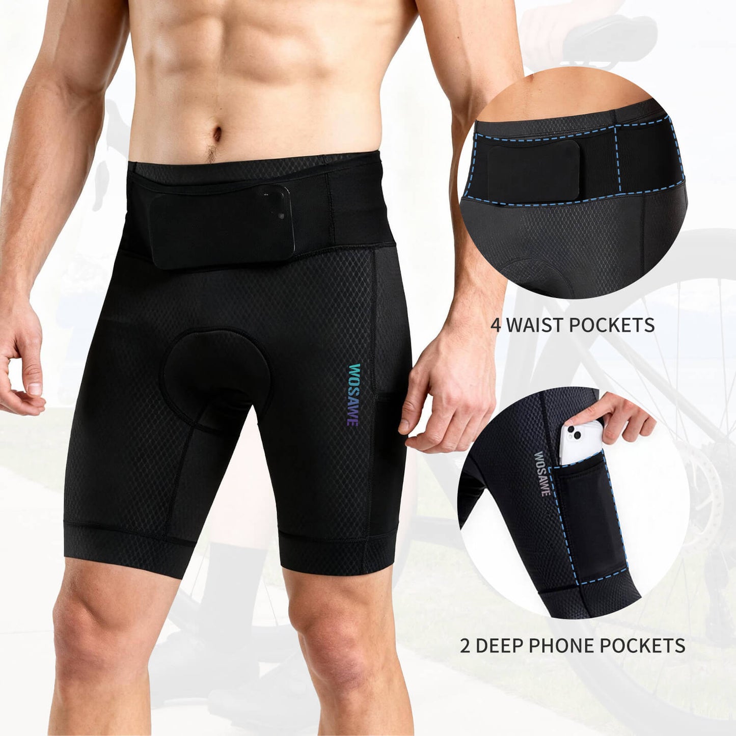 Men’s Padded Cycling Shorts with Pockets – High Waist Compression Bike Shorts