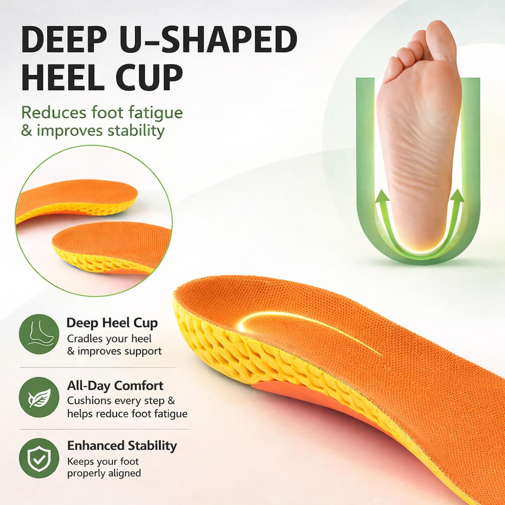 Shock Absorbing Insoles with Arch Support – Breathable EVA Design & Deep Heel Stability